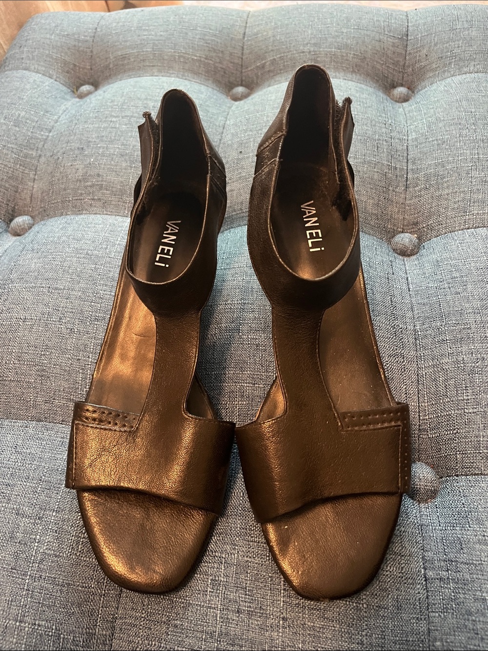 Vaneli Black Leather Open-Toe Sandals with Ankle Strap